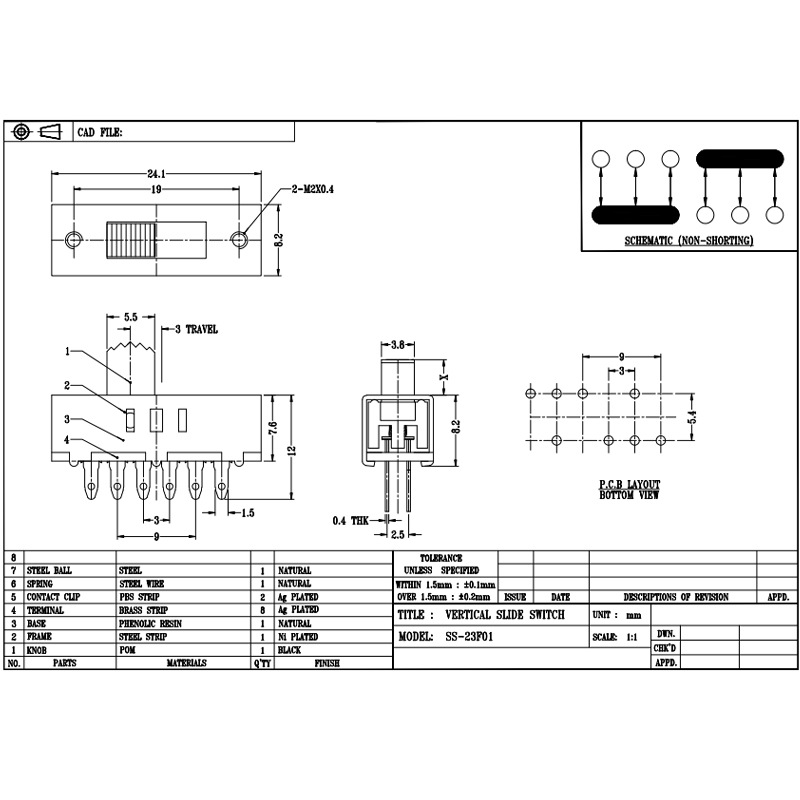Chuyển đổi công tắc SS23F10 Three-Công tắc trượt tốc độ để điều chỉnhnhiệt độ màu đèn LED và cao-máy sấy tóc tốc độ